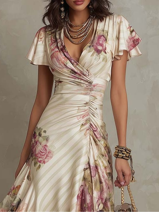 Irene | Vestido Midi de Satén Floral Elegante Retro