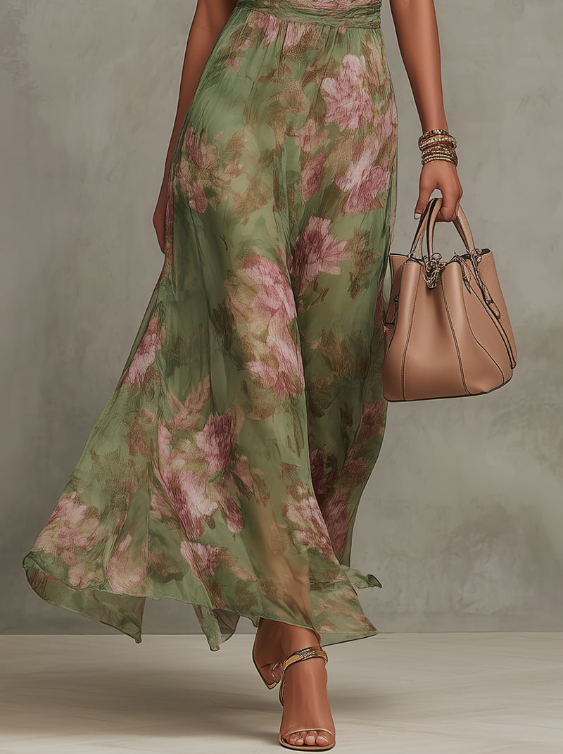 Bianca | Vestido Largo Floral Halter Verde