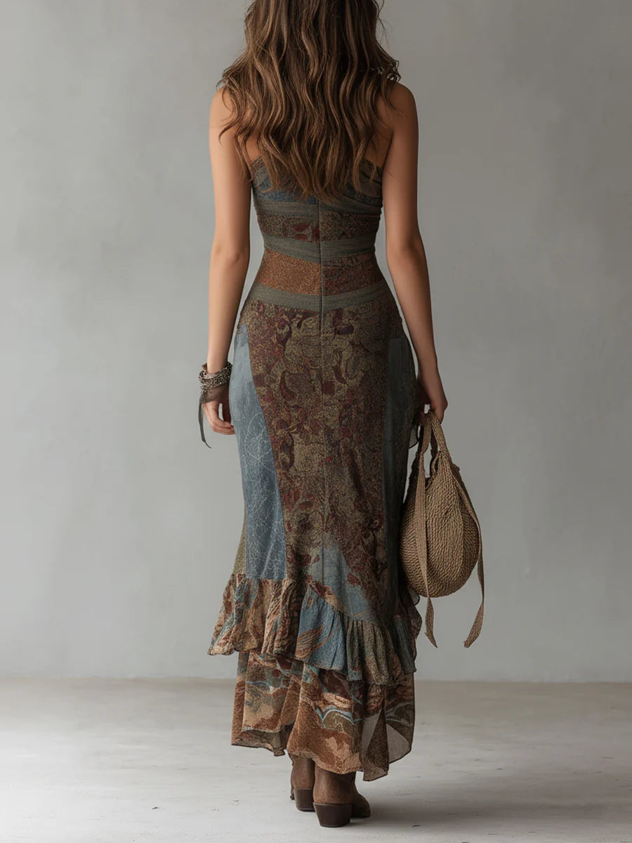Ariadna | Vestido Largo Asimétrico Estampado con Abertura