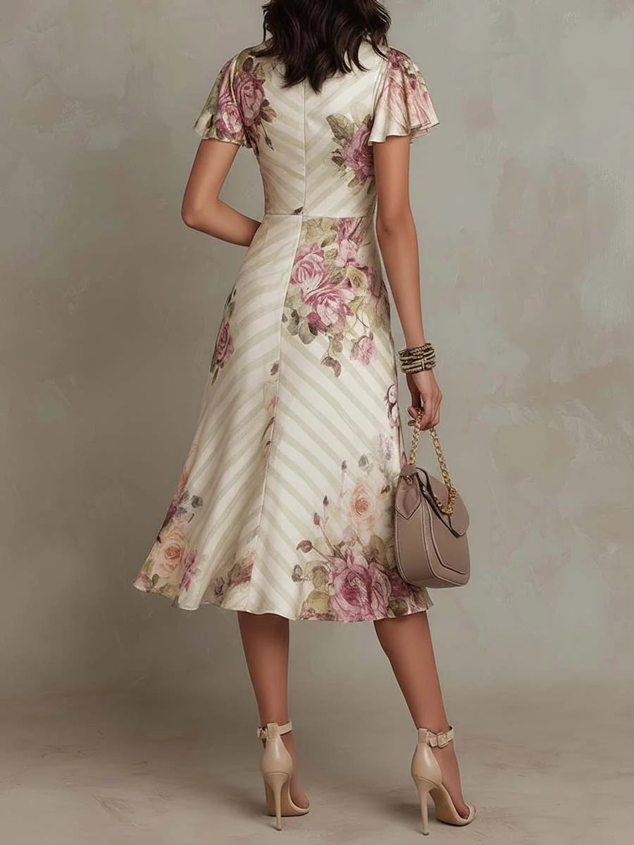 Irene | Vestido Midi de Satén Floral Elegante Retro