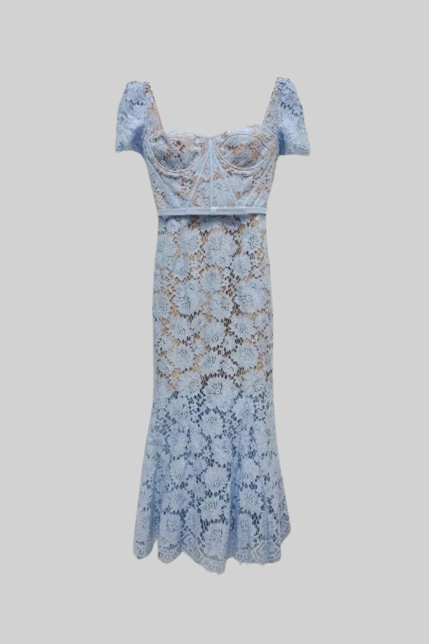 Paulina | Vestido de Encaje Azul Elegante con Manga Corta y Cinturón a Juego