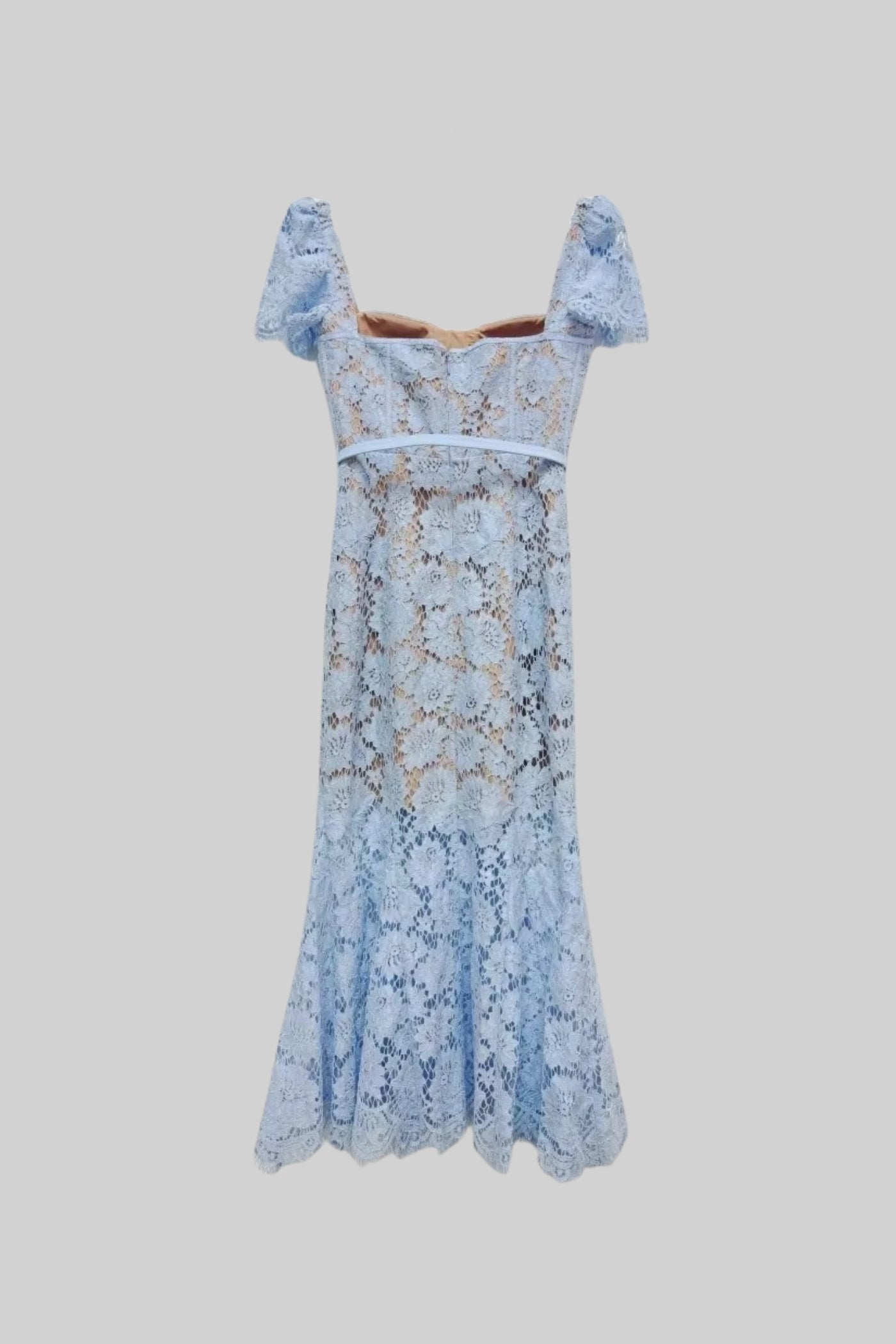 Paulina | Vestido de Encaje Azul Elegante con Manga Corta y Cinturón a Juego