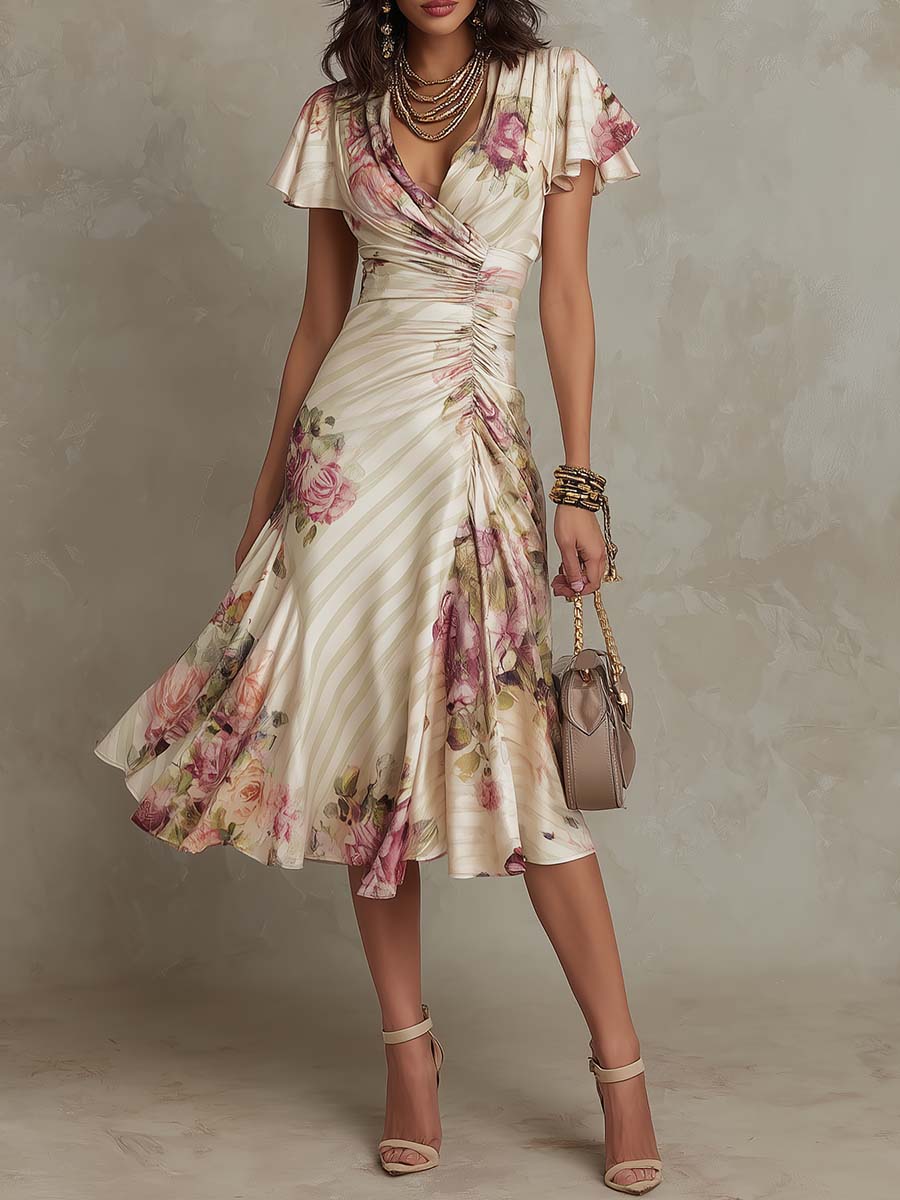 Irene | Vestido Midi de Satén Floral Elegante Retro