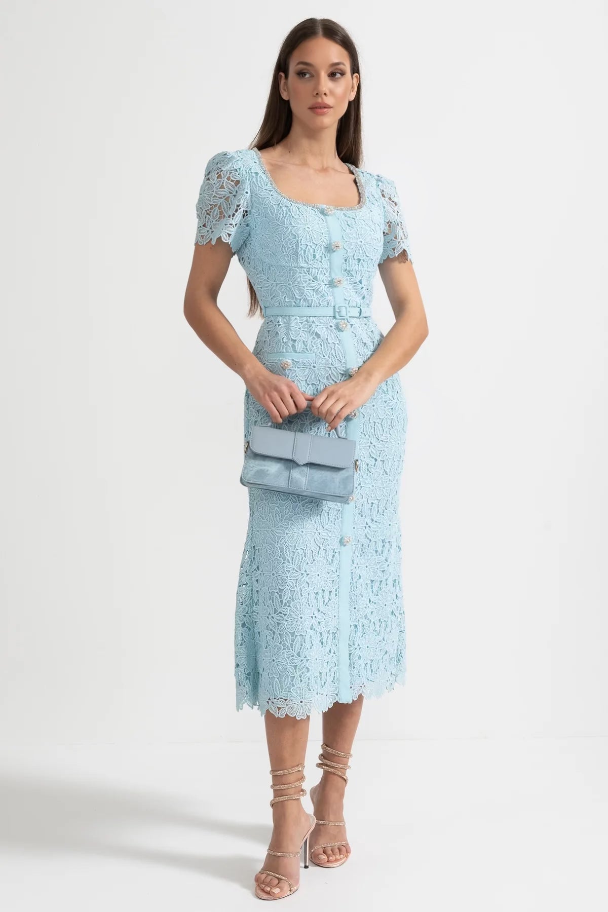Azucena | Vestido Midi de Encaje Azul Cielo