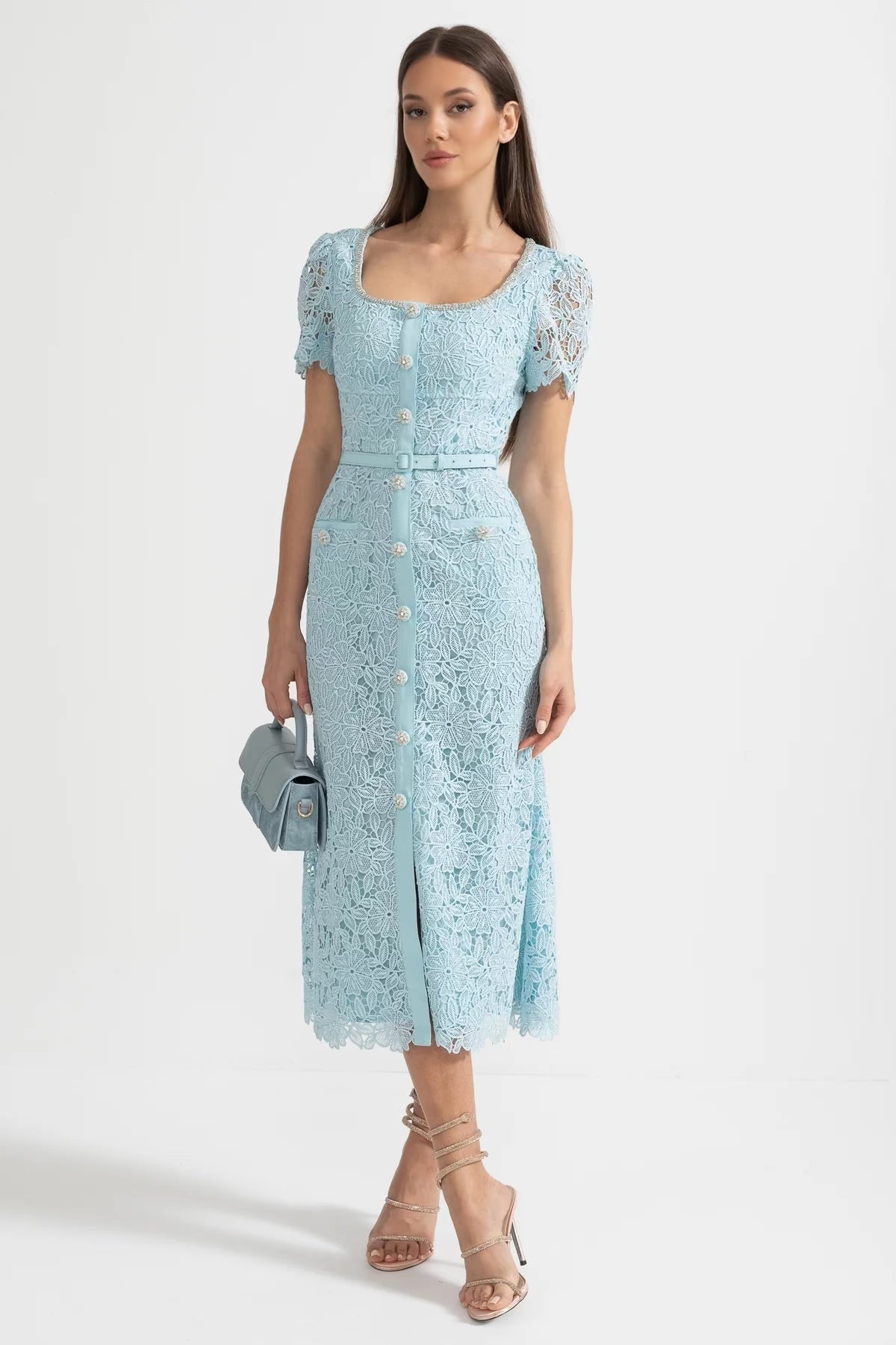 Azucena | Vestido Midi de Encaje Azul Cielo