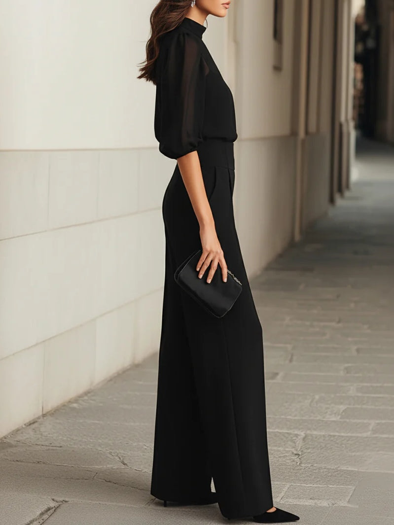 Valentina | Conjunto negro tres piezas con top transparente y pantalón ancho