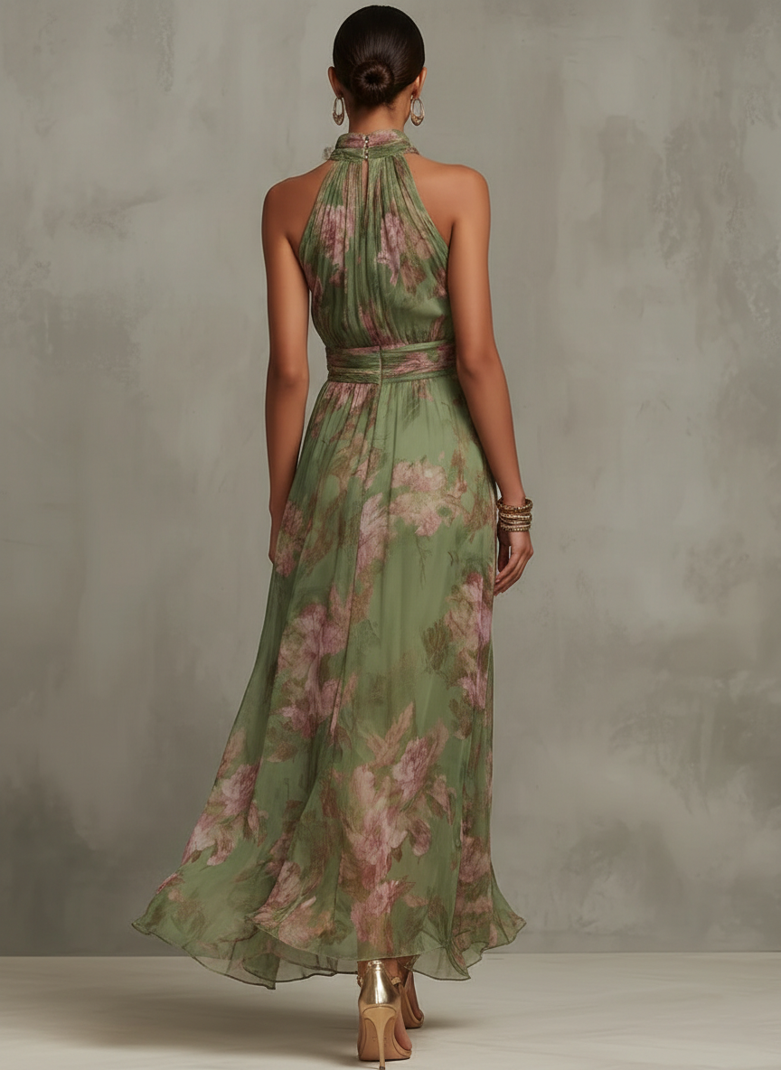 Bianca | Vestido Largo Floral Halter Verde
