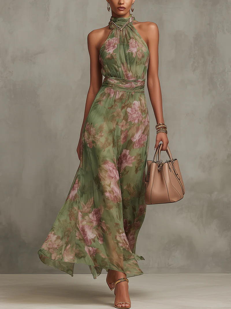 Bianca | Vestido Largo Floral Halter Verde