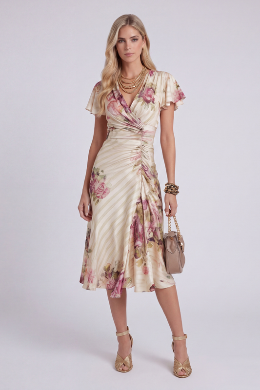 Irene | Vestido Midi de Satén Floral Elegante Retro