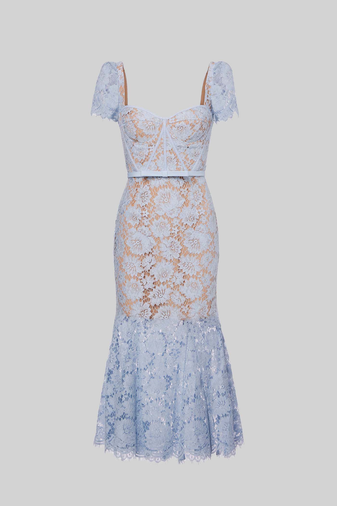 Paulina | Vestido de Encaje Azul Elegante con Manga Corta y Cinturón a Juego